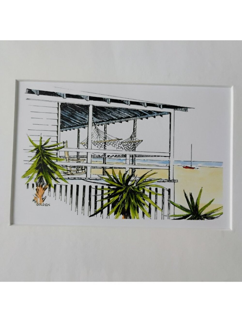 Lazy Days Watercolor Print By Mary Ellen Golden, Beach Hammock, Matted Art 11x13 - Picture 8 of 9
